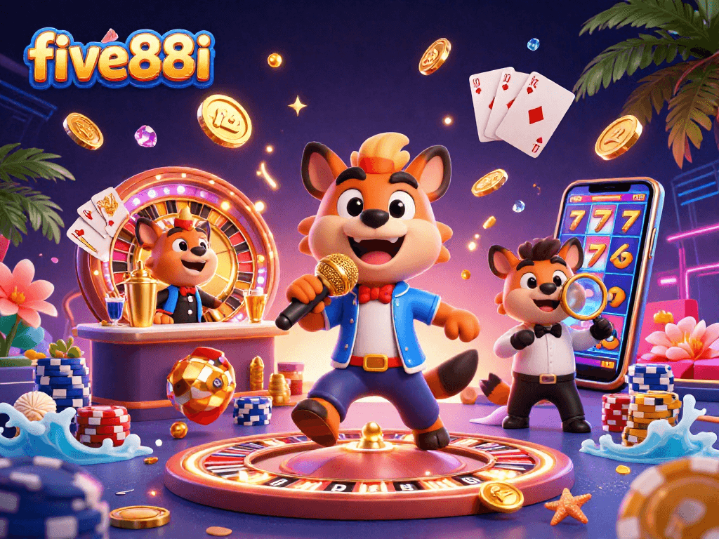 Experience the lively five88i casino scene with hyenas interacting at a comedy club amidst stunning casino elements.