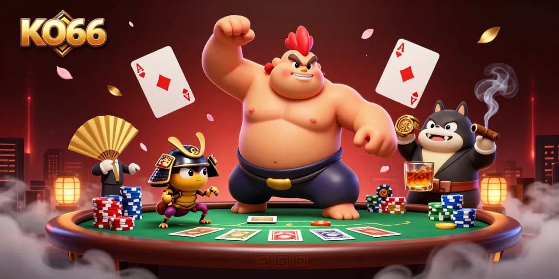 KO66 showcases an energetic poker scene with vibrant characters facing off in a dynamic casino atmosphere.
