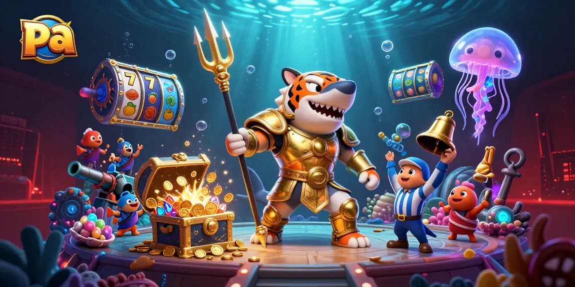 Wielding the trident, the tiger shark leads an exciting underwater casino scene promoting pa gaming.