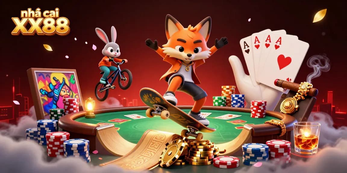 Experience the vibrant world of nhà cái XX88, showcasing a lively cartoon scene of gaming excitement with playful characters and casino elements.