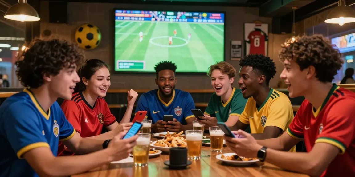 Fußball wetten online in einer lebhaften Sportsbar mit Freunden während eines Live-Matches.