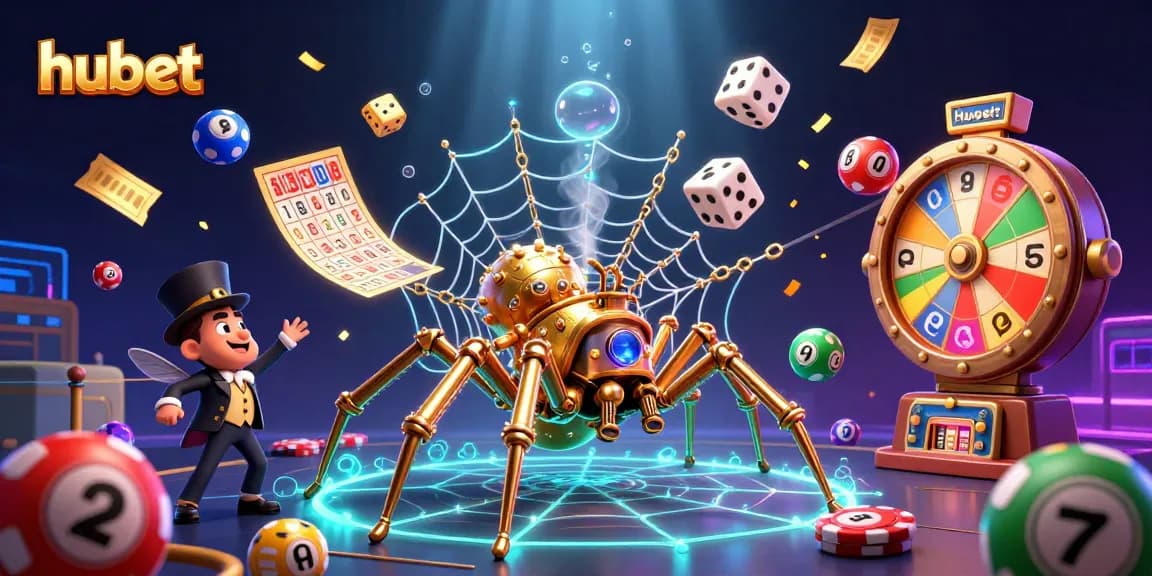 Experience thrilling games at hubet with a steampunk spider, lottery balls, and colorful prizes.