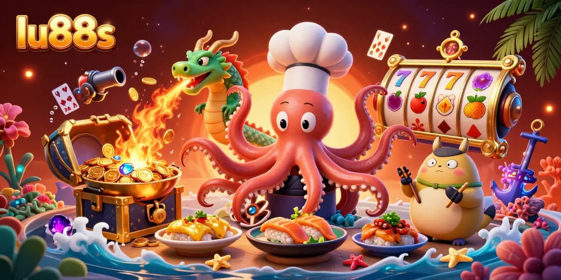lu88s showcases a vibrant casino scene with an octopus chef, dragon, and tanuki, featuring lively slot elements and treasures.