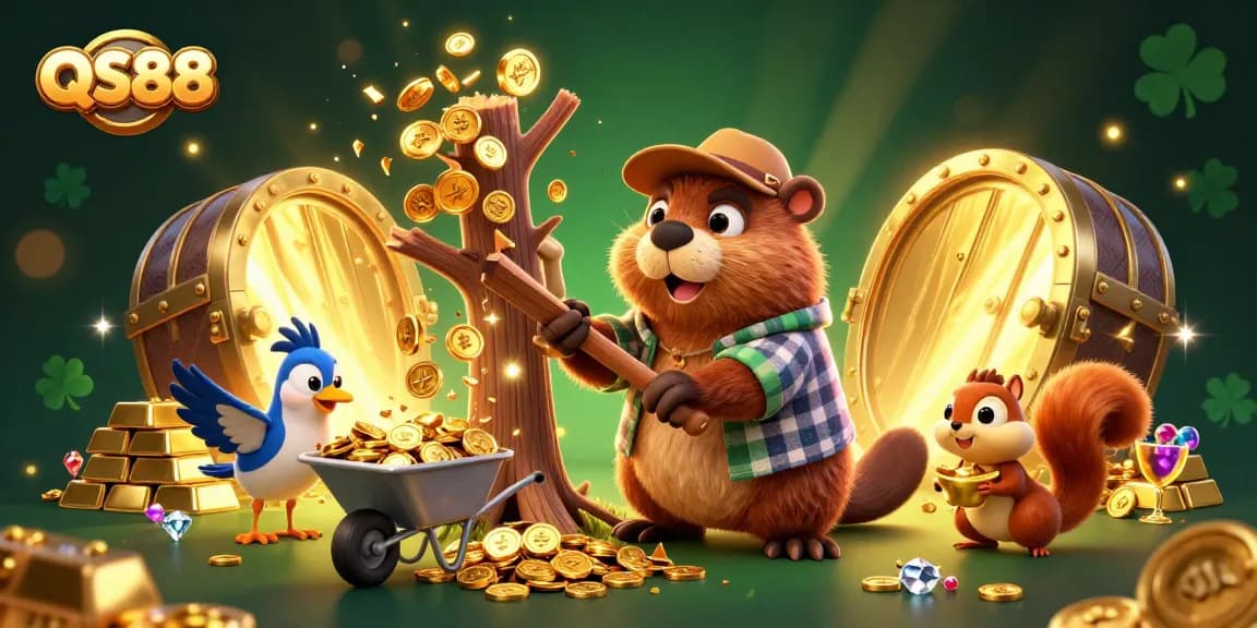 Experience the thrill of winning with QS88 in this vibrant 3D illustration filled with gold and casino elements.