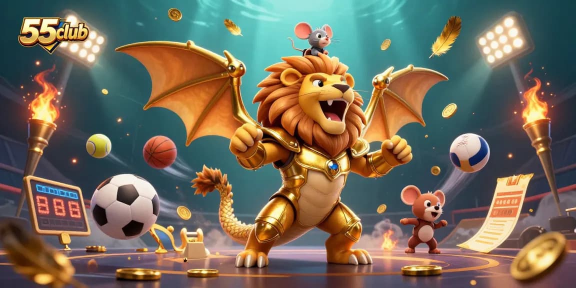 Experience the thrilling world of 55club with this dynamic 3D casino illustration featuring sports elements and excitement.