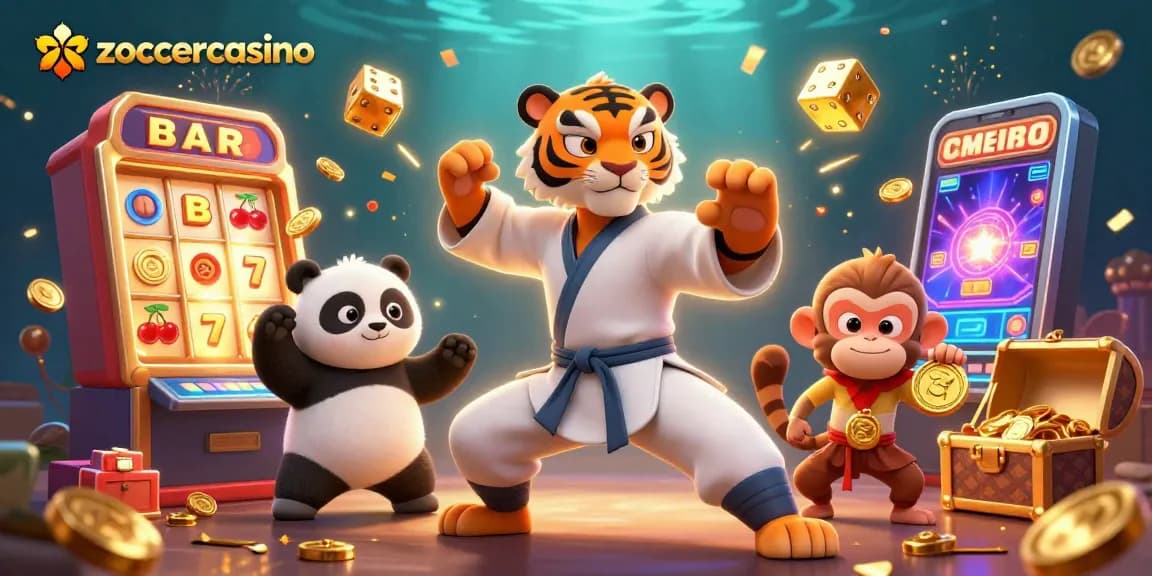 Erlebe das zoccercasino mit einem Kung-Fu-Meister und einem Panda in Aktion, umgeben von Spielautomaten und goldenen Medaillen.