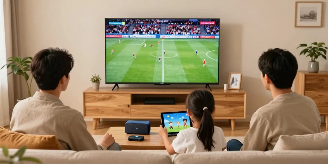 Familie genießt eine spannende IPTV-Sitzung beim Fernsehen und Streaming, während sie IPTV kaufen.