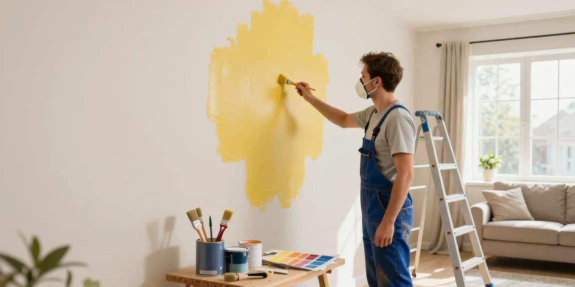 Günstiger Maler in Heidelberg malt eine Wand in einem hellen Wohnraum mit professionellem Equipment.