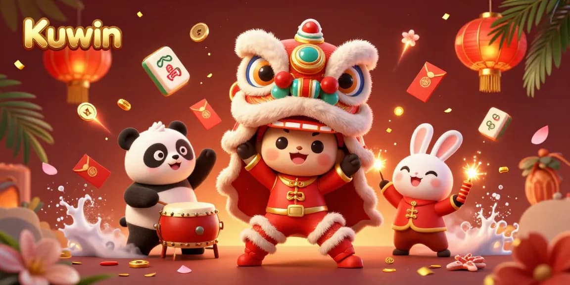 Kuwin showcases a vibrant 3D lion dance celebration with players enjoying games and festivities.