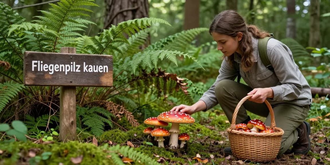 Naturalist erkundet Amanita muscaria Pilze im Wald für Fliegenpilz kaufen.