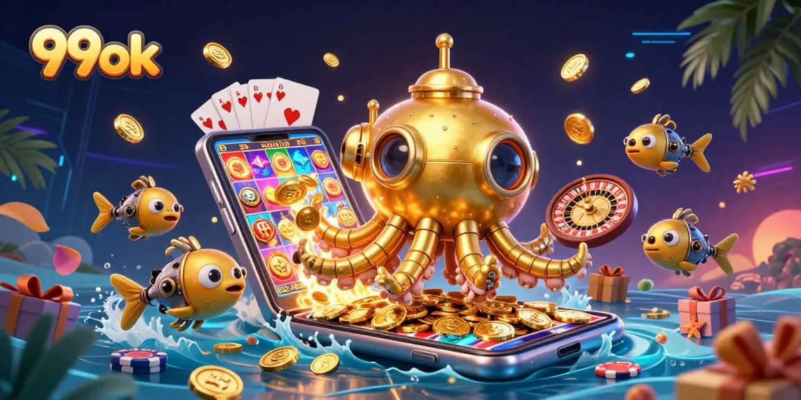Experience the excitement of 99ok with a vibrant illustration of a golden kraken submarine in a sea of coins.