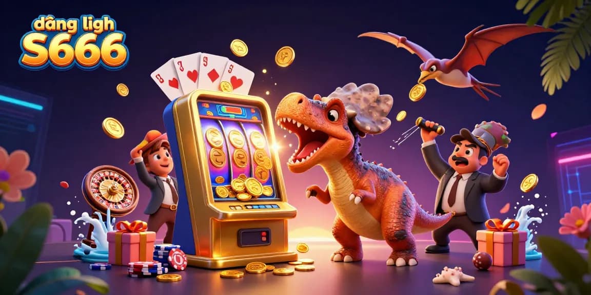 Experience the excitement of đăng nhập S666 with a vibrant 3D casino scene featuring dinosaurs and slot machines.