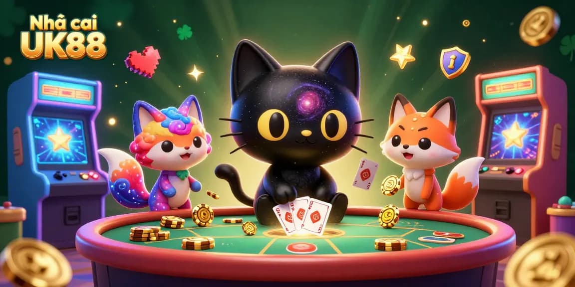 Engage with Nhà cái UK88 through this vibrant cosmic casino scene featuring colorful characters and gaming elements.