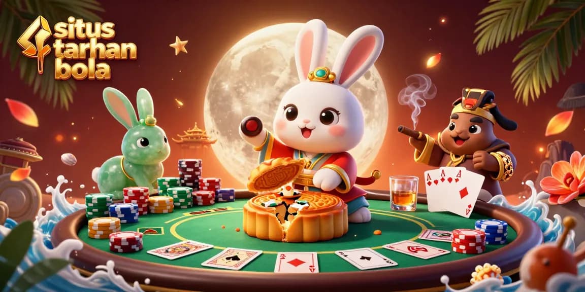 Engage with situs taruhan bola through vibrant 3D visuals of a moon rabbit amidst poker elements.