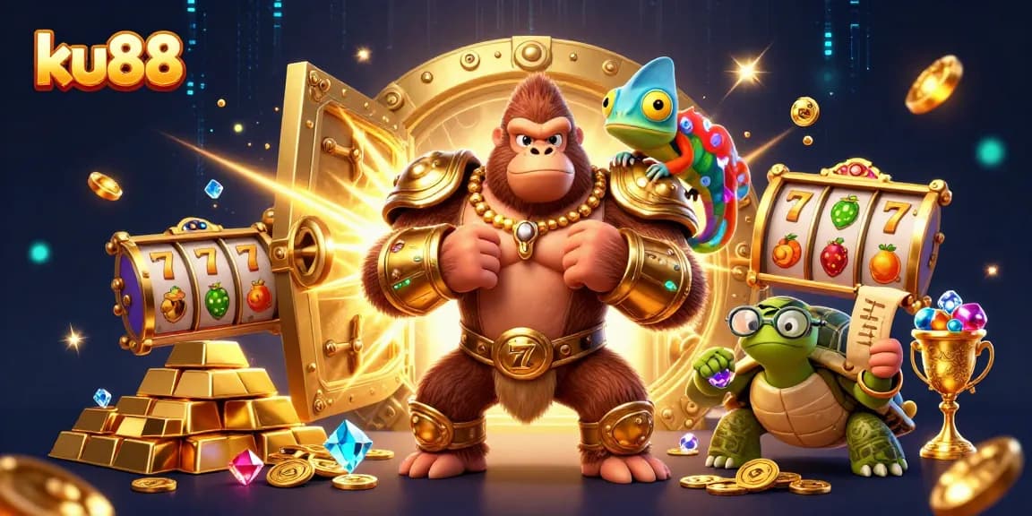 ku88 gaming adventure scene with a gorilla king, chameleon spy, and tortoise elder amidst treasures