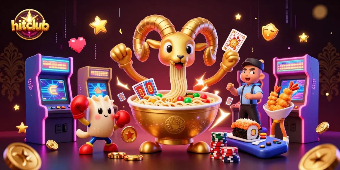 Experience hitclub with vibrant gaming action featuring a giant ramen bowl and colorful arcade elements.