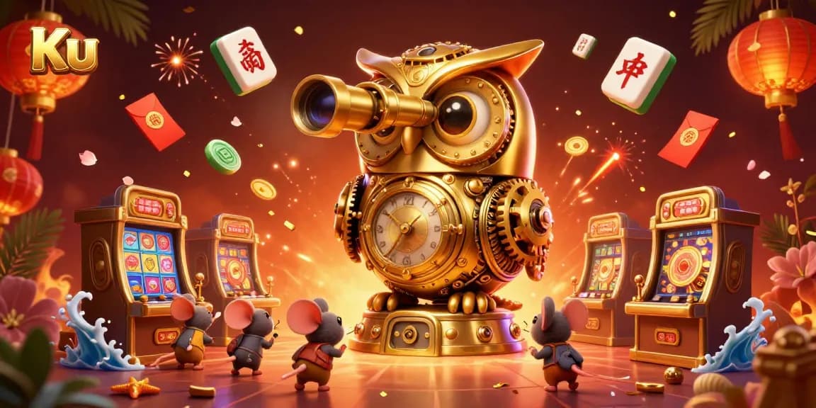 Bet big with Ku, featuring a remarkable 3D golden owl overseeing a vibrant casino scene filled with nostalgic symbols.