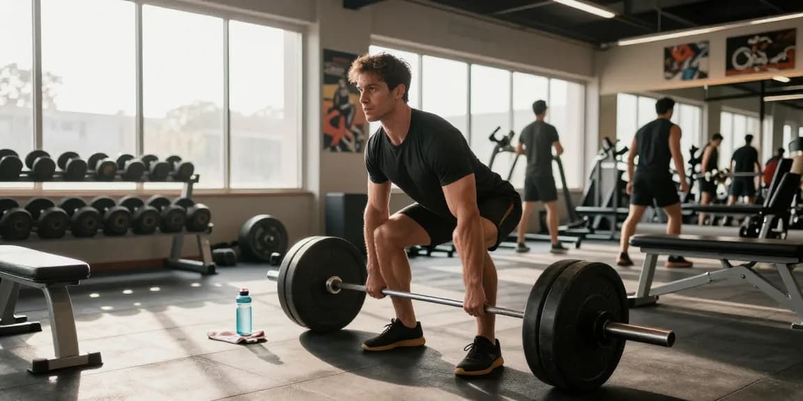 Kraftvolle Szene eines Mannes, der Gewichte hebt und Prime Pharma Steroide für das Krafttraining vorstellt.