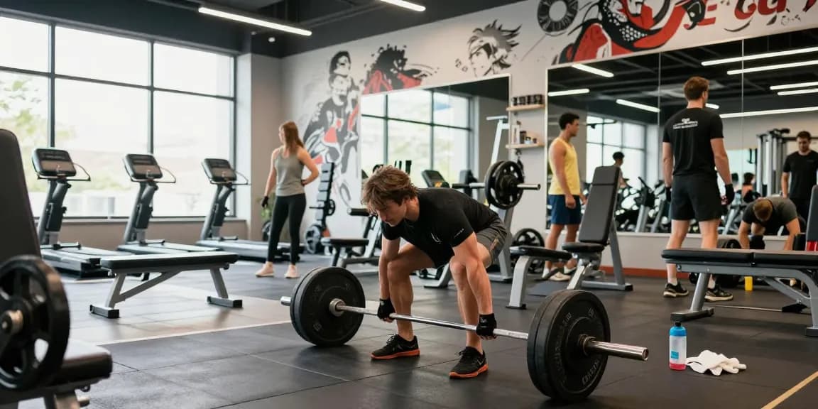 Anabolika Shop showcasing an athlete performing deadlifts in a bright gym, surrounded by weights and fitness gear