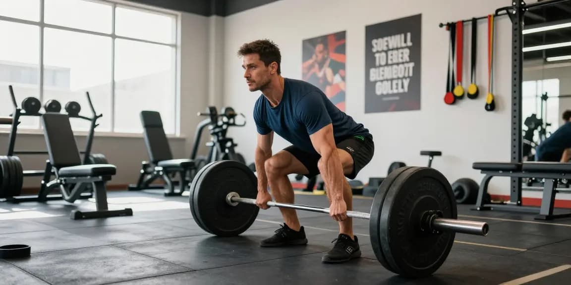 Anabolika Shop Deutschland zeigt einen athletischen Mann, der in einem hellen Fitnessstudio Gewichte hebt und Fitness Training hervorhebt.