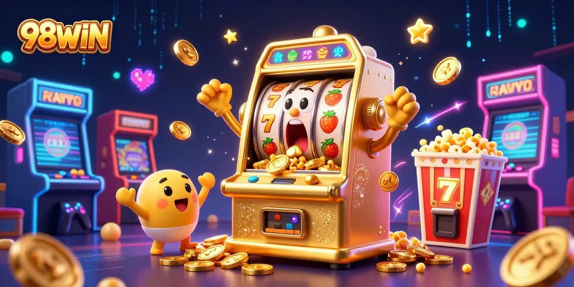 Celebrate the excitement on 98WIN as a golden slot machine hits the jackpot, showering coins amidst cheering machines.