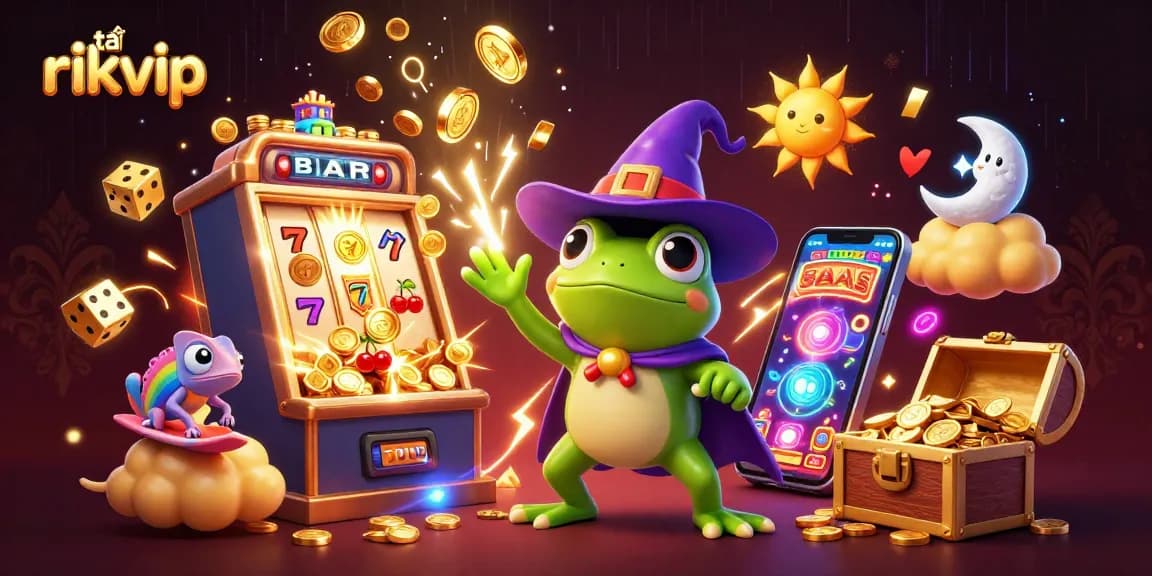 Engage in the thrilling game with tải rikvip, featuring a magical scene of winning symbols and animated characters.