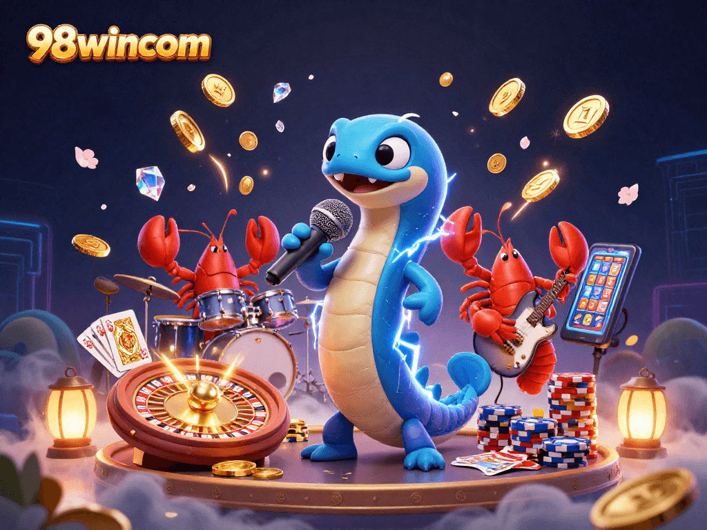 98wincom showcases an electrifying underwater casino scene with colorful 3D characters and dynamic gaming elements.