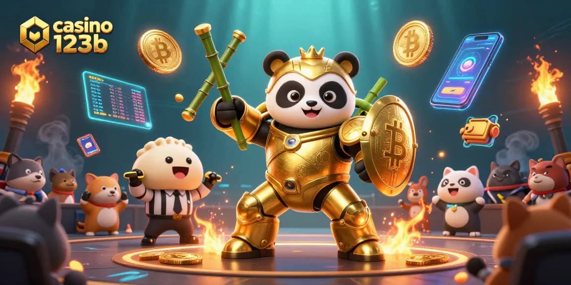 Experience thrilling action at casino 123b with dynamic characters and glowing crypto elements.