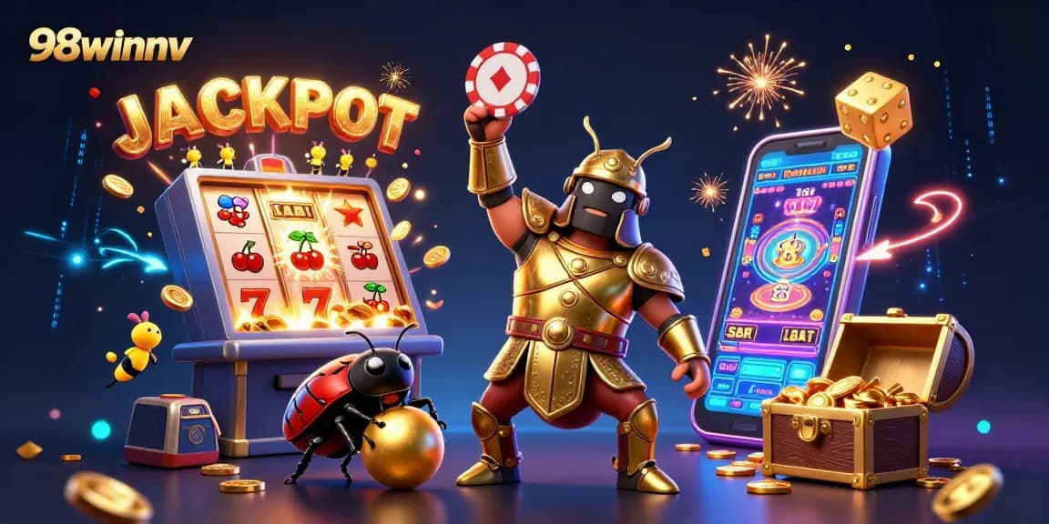 Engage with 98winnv by witnessing a victorious beetle celebrating jackpot wins amidst vibrant casino elements.