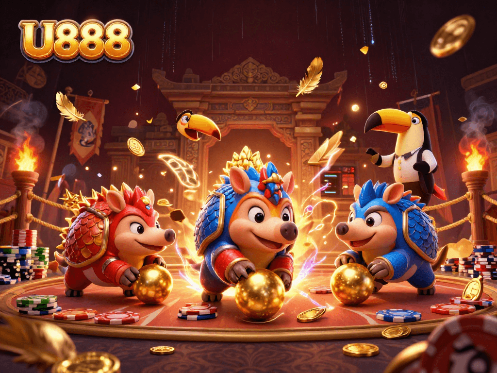 Engage in thrilling U888 adventures with rival pangolins competing in a lively casino scene.
