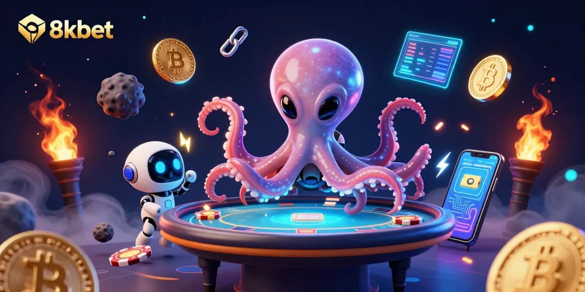 Engage in 8xbet's vibrant casino atmosphere with an alien octopus at a holographic poker table.