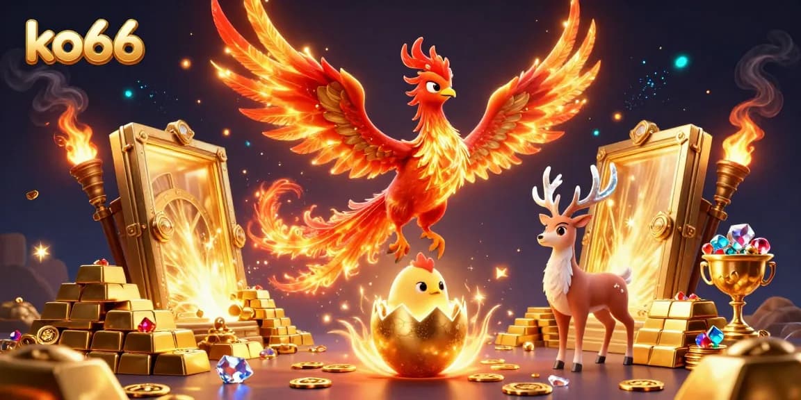 Experience thrilling wins with ko66 in this vibrant 3D casino illustration featuring mythical elements and treasures.
