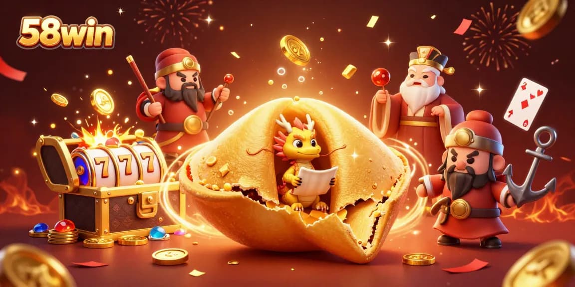 Engage with thrilling games at 58win, showcasing a mesmerizing golden fortune cookie scene with vibrant casino elements.