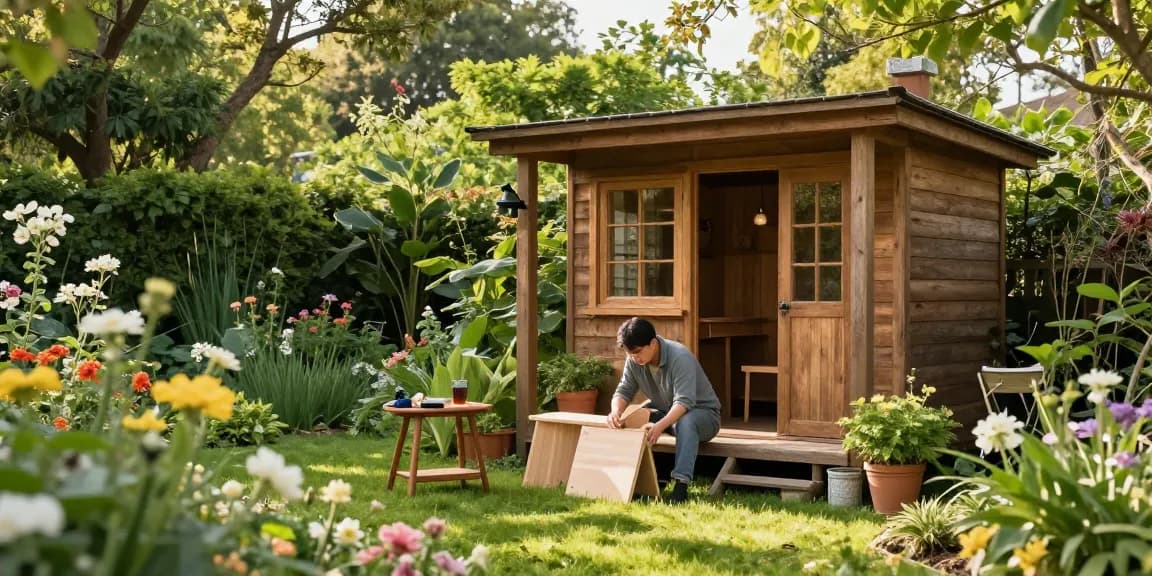 Gartenhaus Holz im Grünen mit einer Person, die Möbel zusammenbaut.