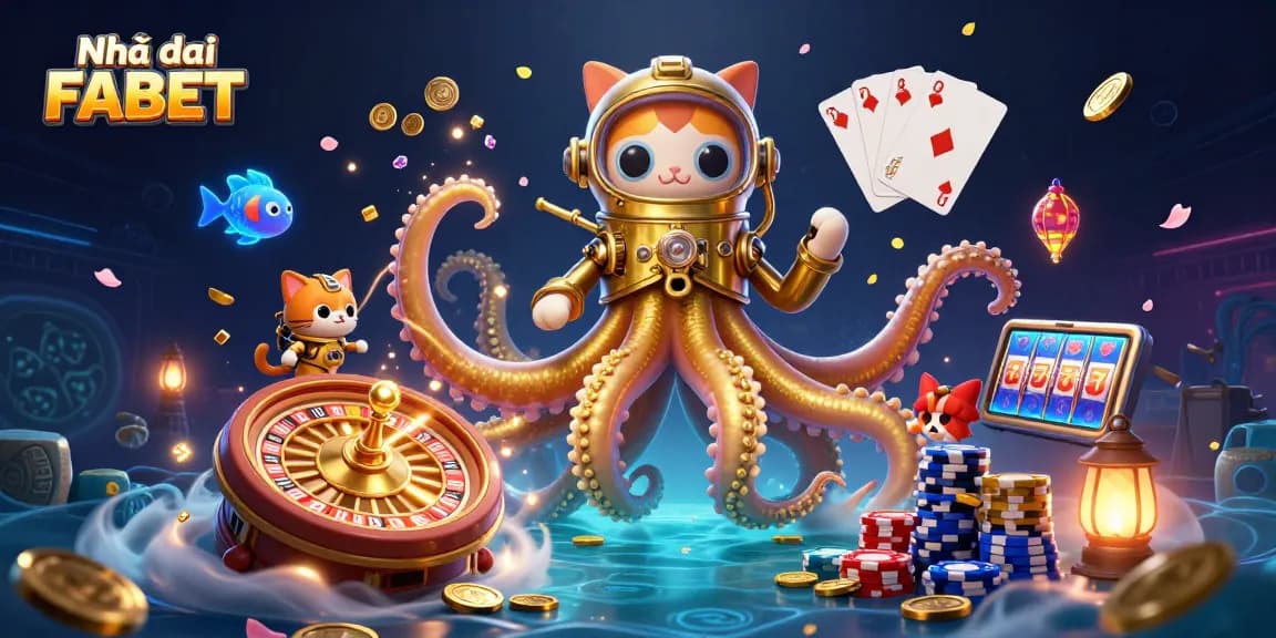 Engage with Nhà cái FABET's thrilling casino world, featuring a kraken, diving cat, and sparkling gems.