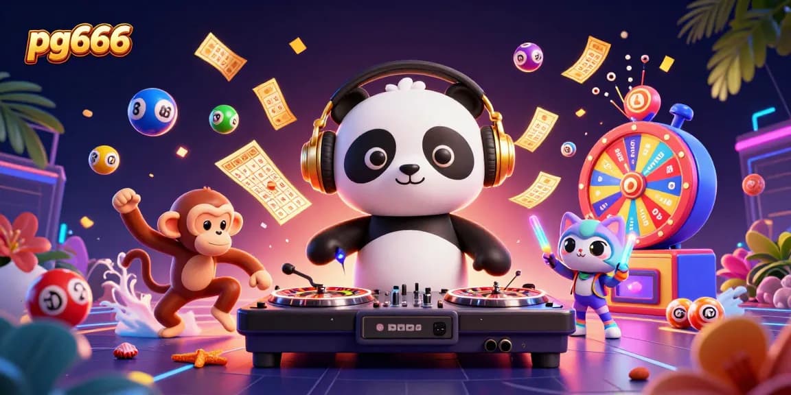Spin the reels with pg666 in vibrant 3D casino art featuring festive lottery balls and a DJ panda!