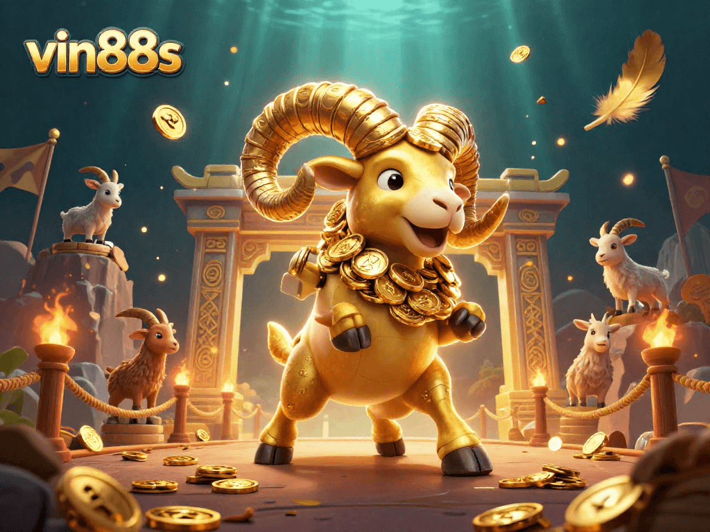 Spin your luck with vin88s at the golden ram headbutting coins in a stunning casino scene.