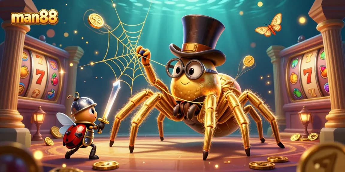 Experience thrilling wins with man88 at a vibrant casino scene featuring a golden tarantula and beetle knight.