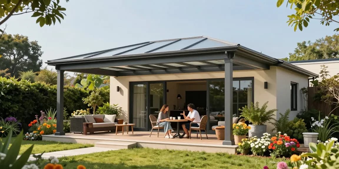 Moderne freistehende Terrassenüberdachung in einem wunderschönen Garten mit blühenden Pflanzen und einem einladenden Sitzbereich.