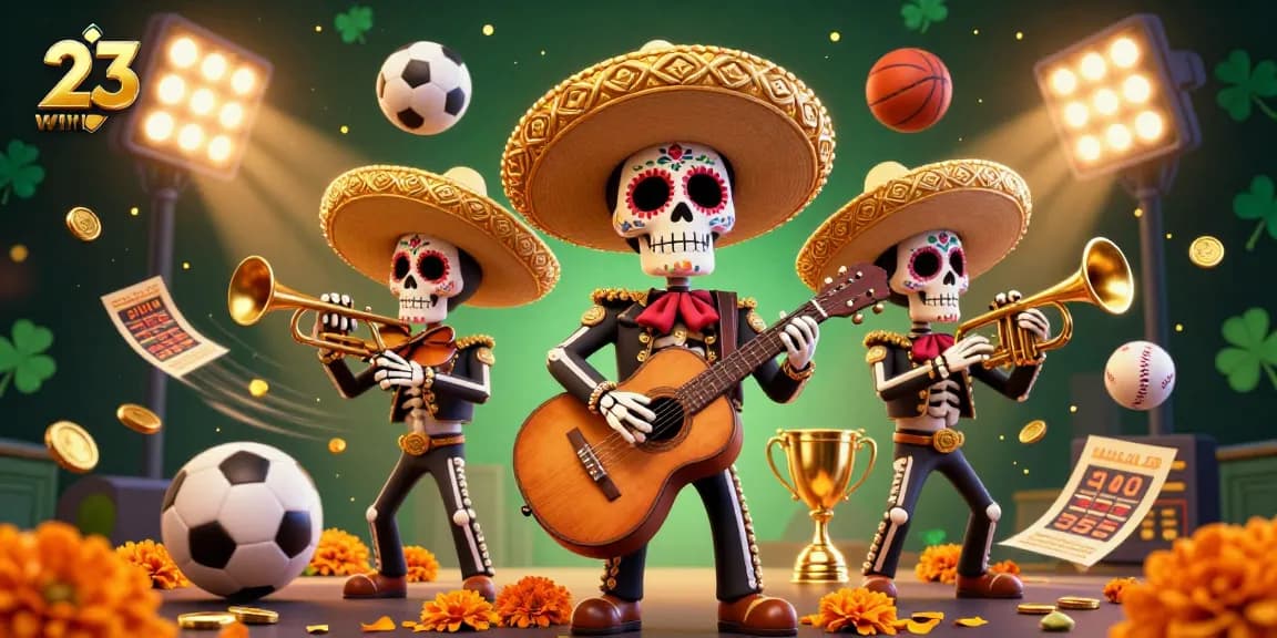 Embrace the thrill of sports betting with the 23win mariachi band, as they bring joy amidst flying sports balls and golden trophies.