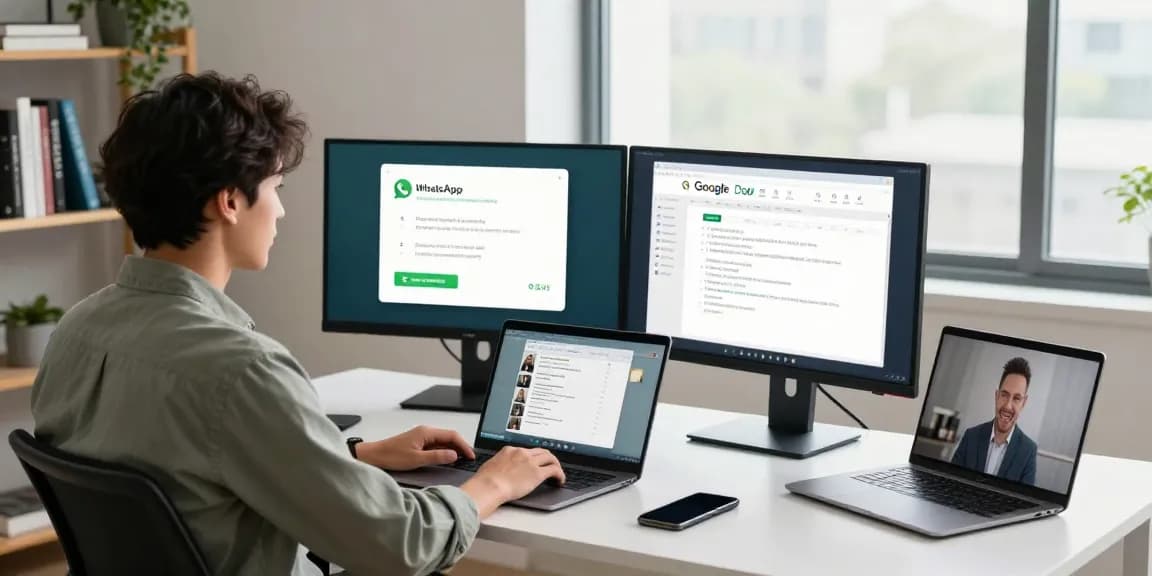 Professional using WhatsApp電腦版 on dual monitors in a modern office.