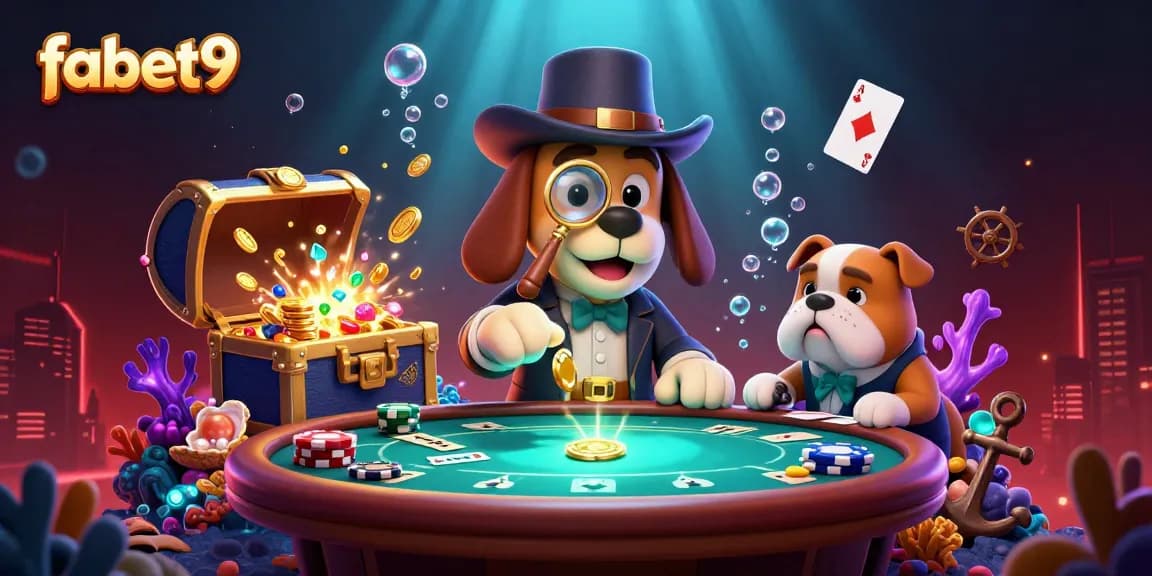 fabet9 showcases an engaging poker scene with a detective and bulldog analyzing clues amidst vibrant treasures