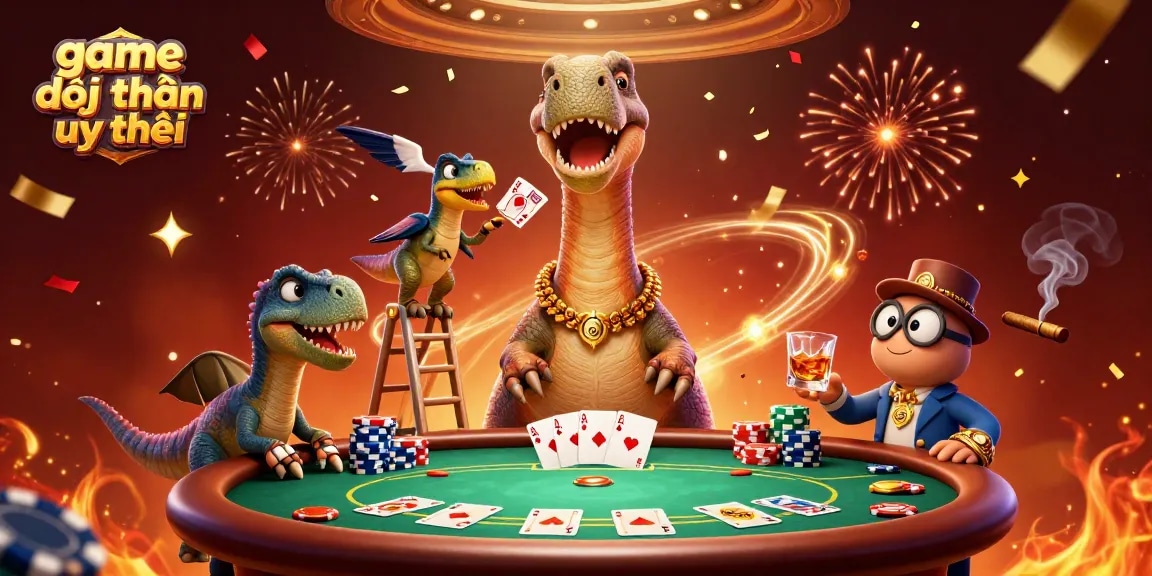Bet on game đổi thưởng uy tín with an amusing dinosaur poker scene in a vibrant casino atmosphere.