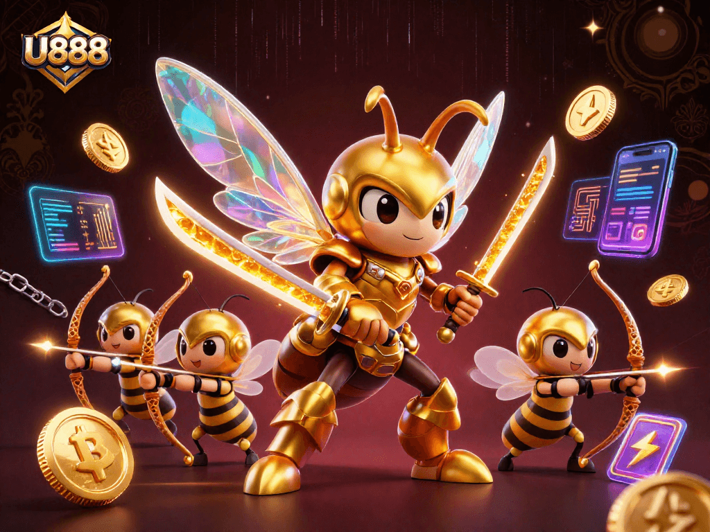 Join U888's thrilling adventure with a golden hornet warrior amidst cryptocurrencies and vibrant gaming elements.