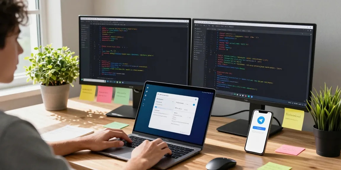 Customizing Telegram Chinese interface on laptop in a modern tech workspace.