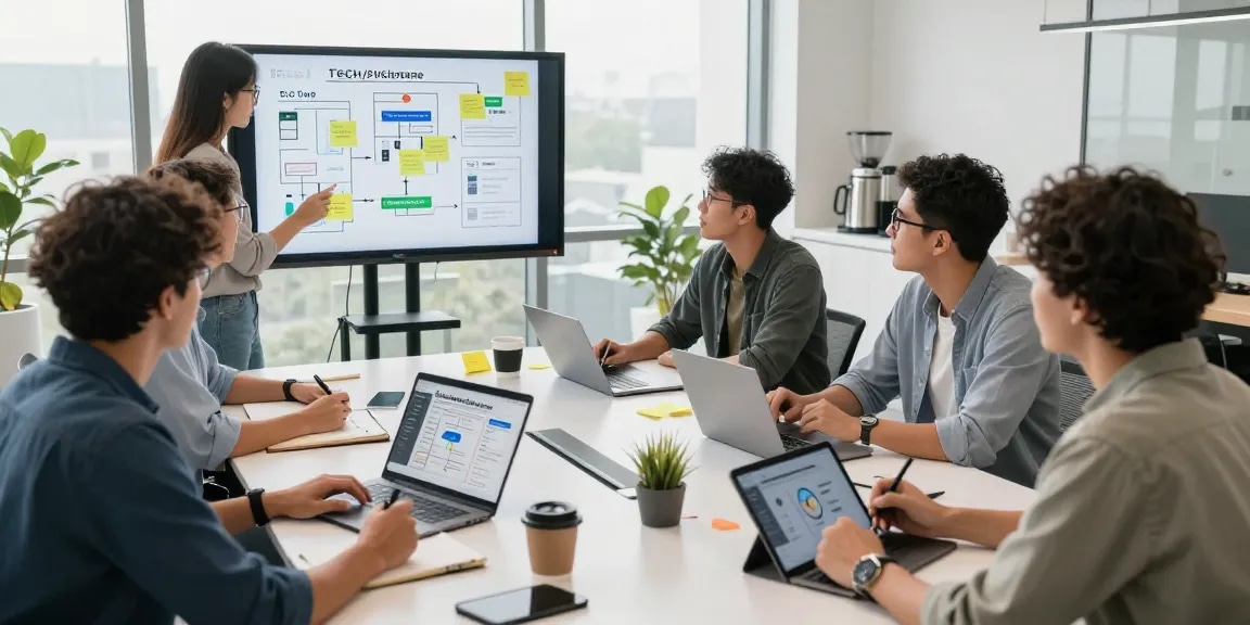 Collaborative workspace showing professionals discussing how to build internal tools with AI, with laptops, notes, and bright office atmosphere.