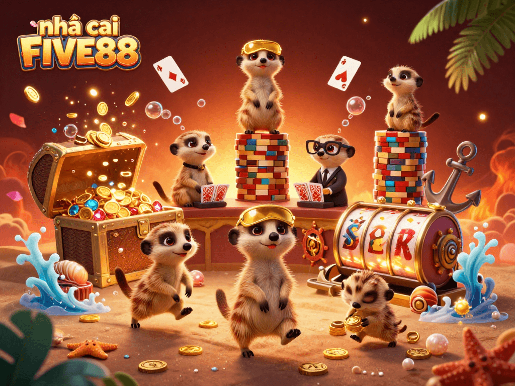 Experience the thrill at nhà cái FIVE88 with meerkats running a vibrant casino operation in this dynamic scene.
