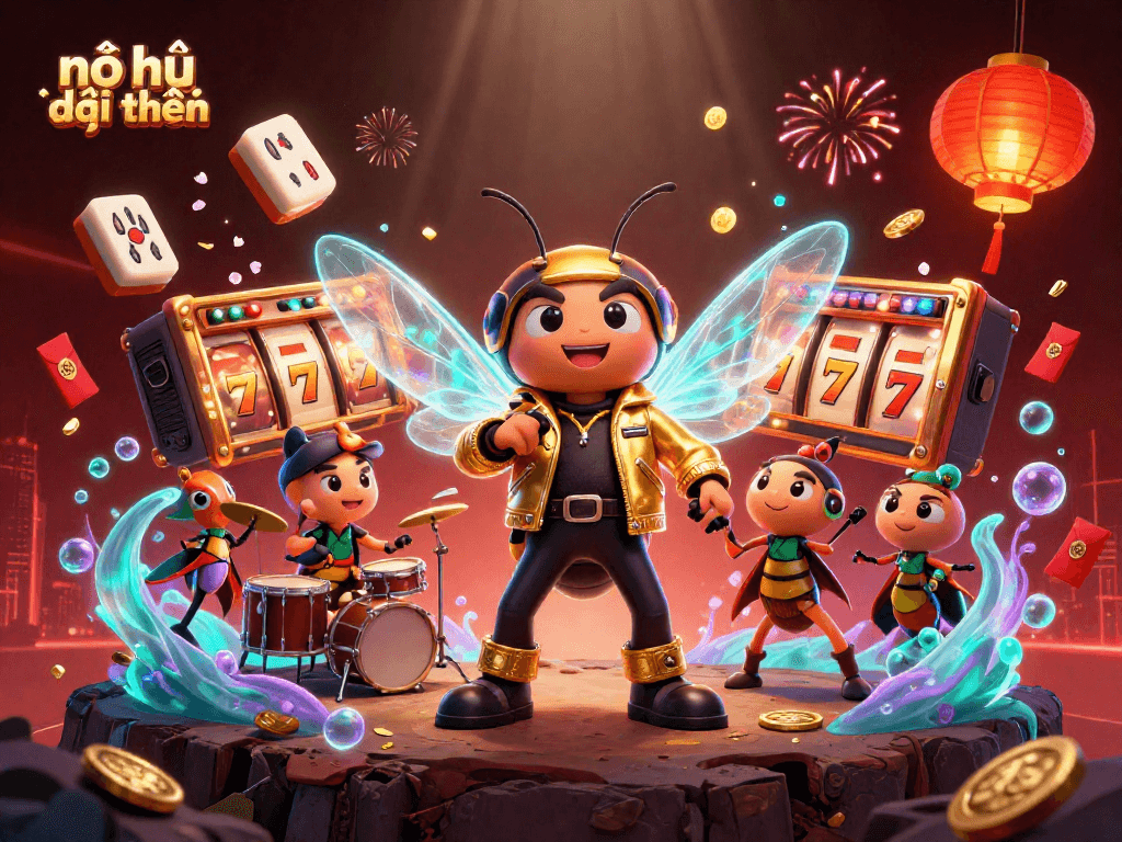 Experience excitement with nổ hũ đổi thưởng in this vibrant 3D scene filled with slots, jackpot excitement.