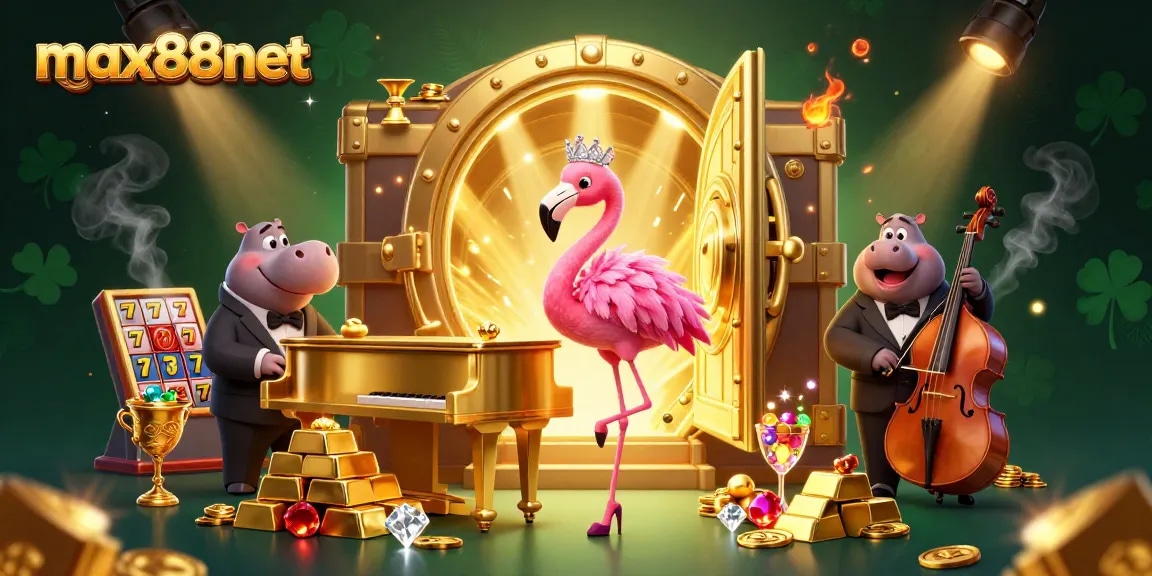 max88net Casino Scene: A vibrant flamingo singer at a golden piano, surrounded by slot reels and treasures.