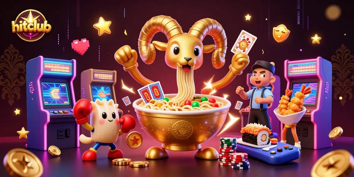 Experience hitclub with vibrant gaming action featuring a giant ramen bowl and colorful arcade elements.